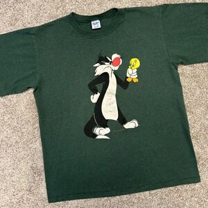 Vintage Sylvester and Tweety Velva Sheen Tshirt Size Large Made In USA Green 90s